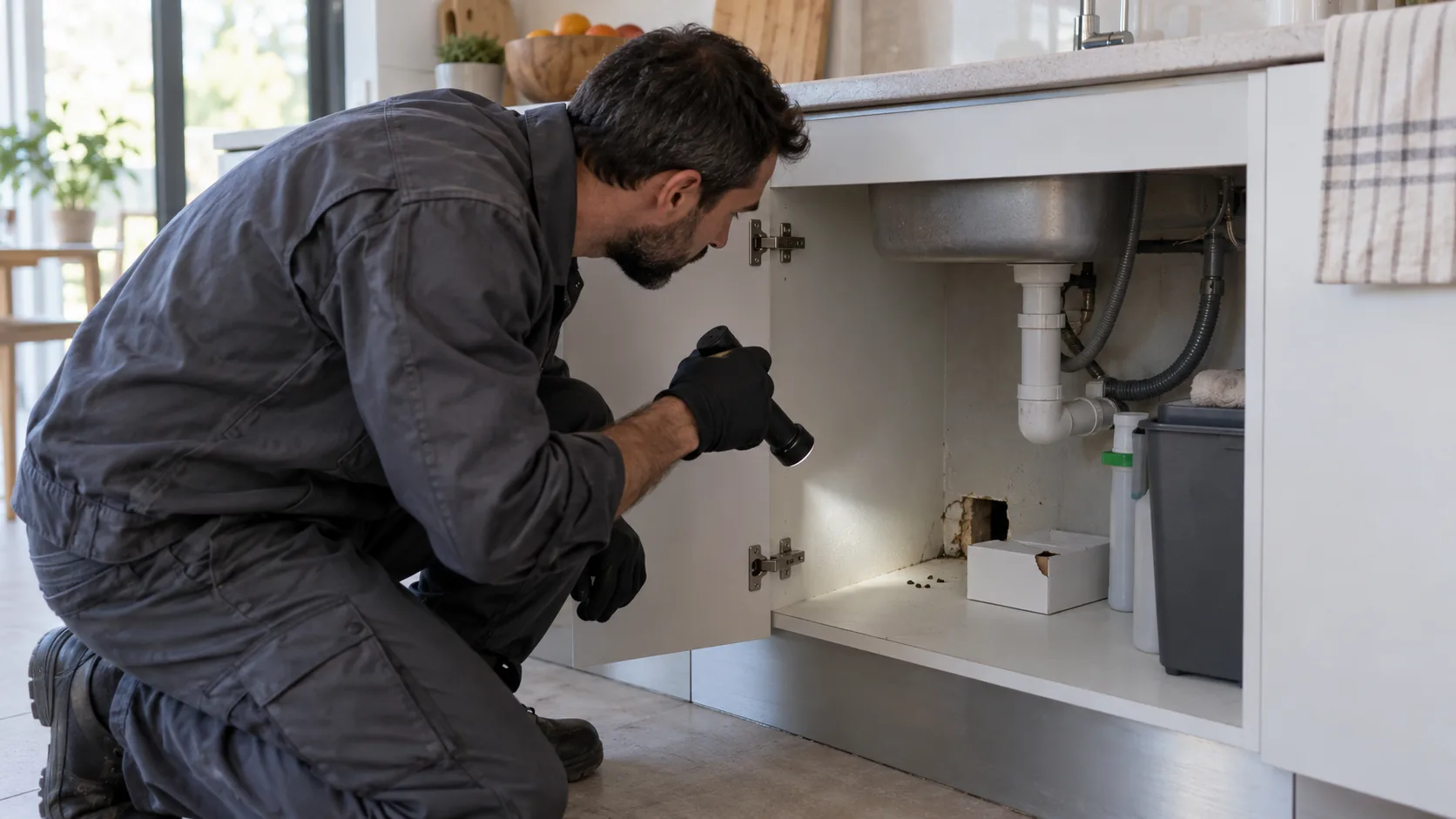 Técnico inspeccionando pasos de tuberías bajo el fregadero por posibles ratones